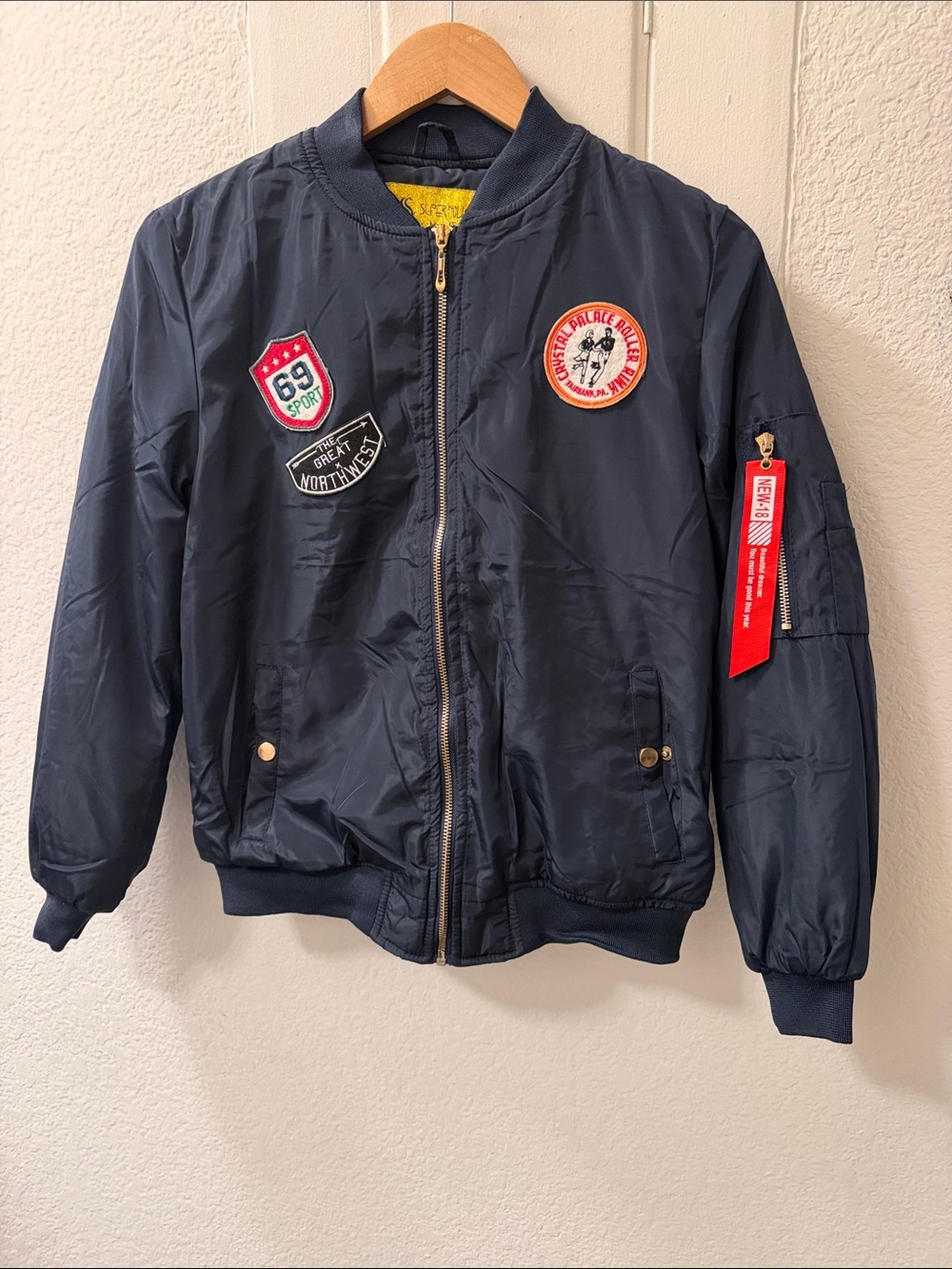 Navy Bomber Jacket with Patch Accents
